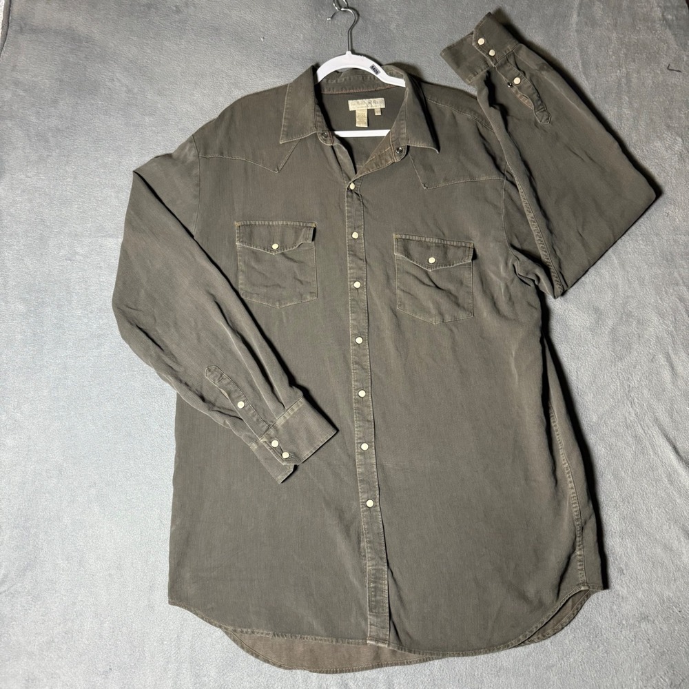 The Territory Ahead Mens XL Tall Silk Cotton Corduroy Western Snap Shirt Olive